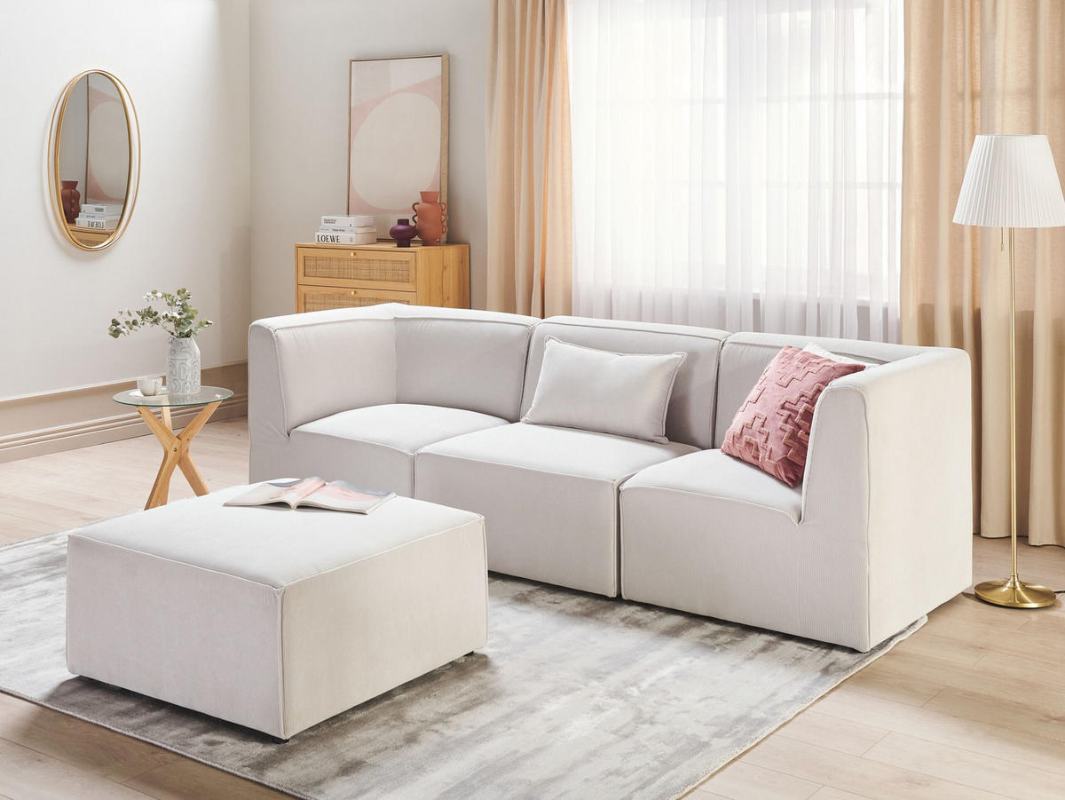 3-SITZER-SOFA Cord cremeweiß mit Ottomane Lemvig - Weiß, Textil (250/78/83cm) - Beliani