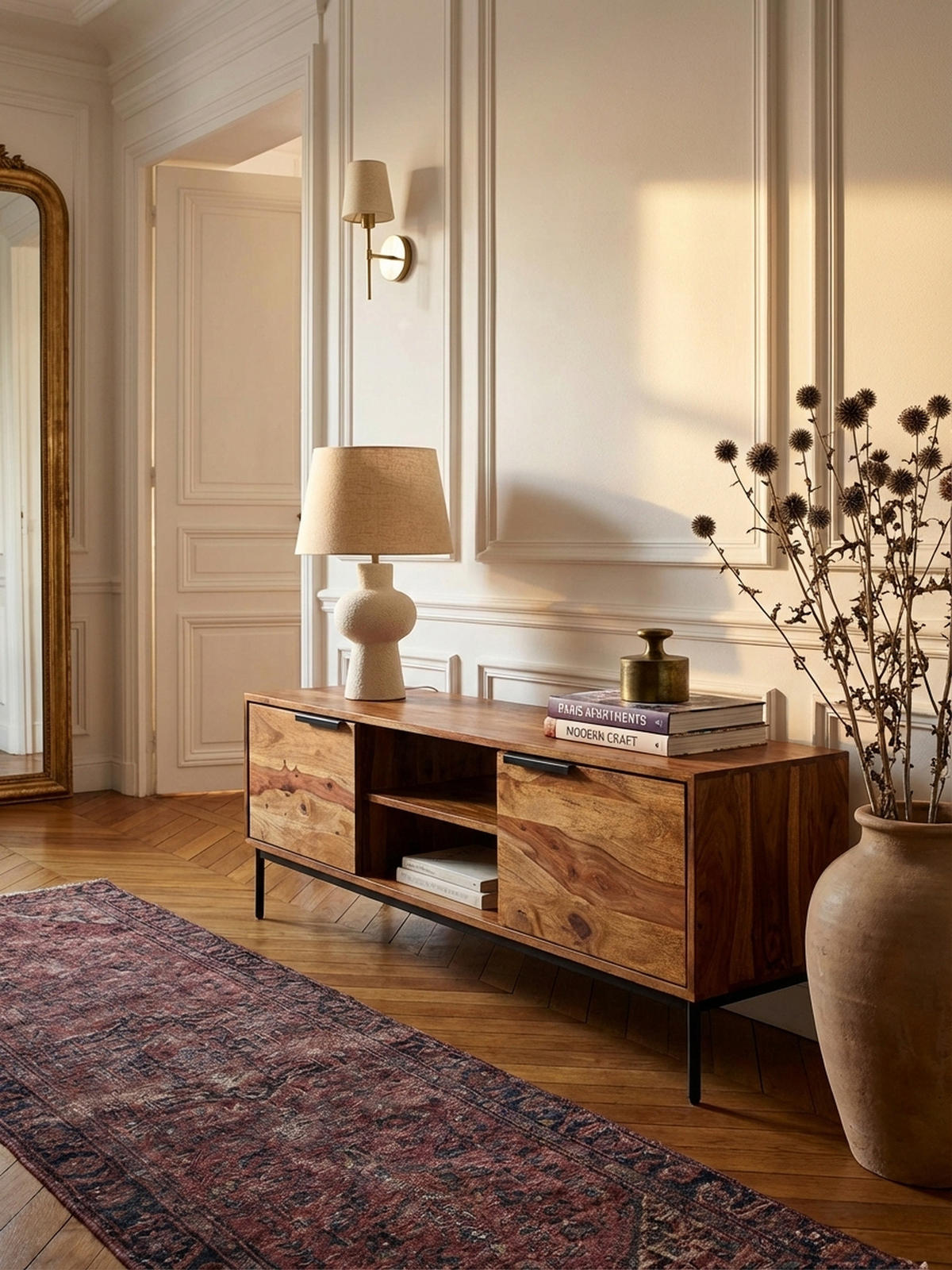 LOWBOARD Massivholz Landhausstil für 60-Zoll Fernseher mit offenen Fächern - Schwarz/Braun, Holz/Metall (147/51/38cm) - KADIMA DESIGN