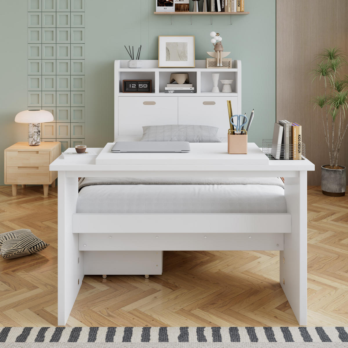 BETT mit Stauraum und Klapptisch 90x200 cm Weiß 3-tlg. - Weiß, Holz (90/200cm) - Meubliv