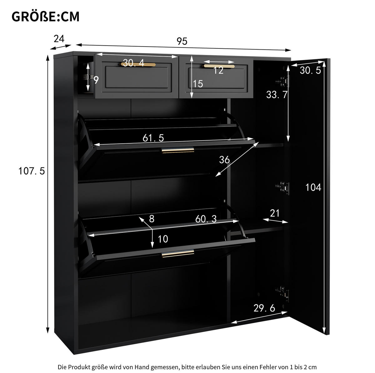SCHUHSCHRANK aus Spanplatte & MDF 95x24x107.5cm in Schwarz mit Schubladen - Schwarz, Holzwerkstoff (95/107.5/24cm) - Modfu