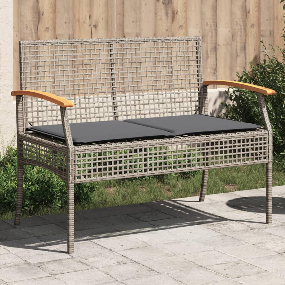 GARTENBANK mit Kissen Grau Poly Rattan Akazienholz - Grau, Kunststoff (108/85/57cm) - furnicato