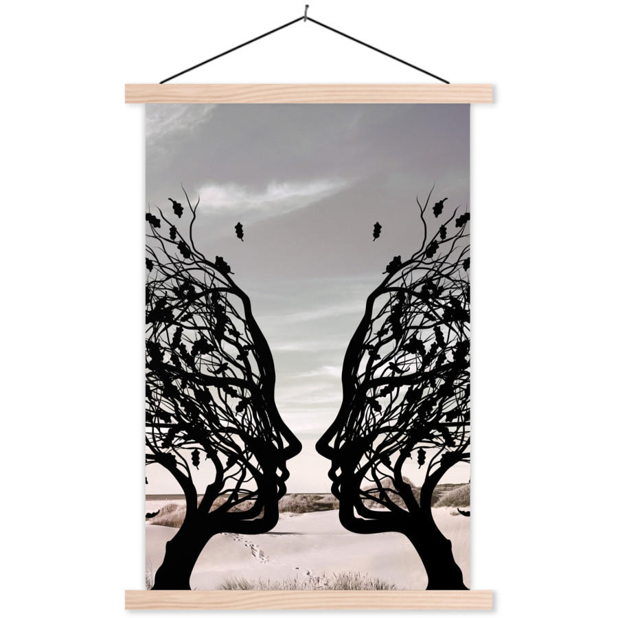 POSTER Strand - Meer - Menschen - Baum - Moderne Kunst 60x90 cm - Hellgrau, Textil (60/90/0.15cm) - MuchoWow