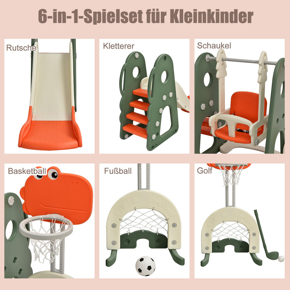 SPIELPLATZ kinder 6 in 1 Orange - Orange, Kunststoff (182/120/172cm) - COSTWAY