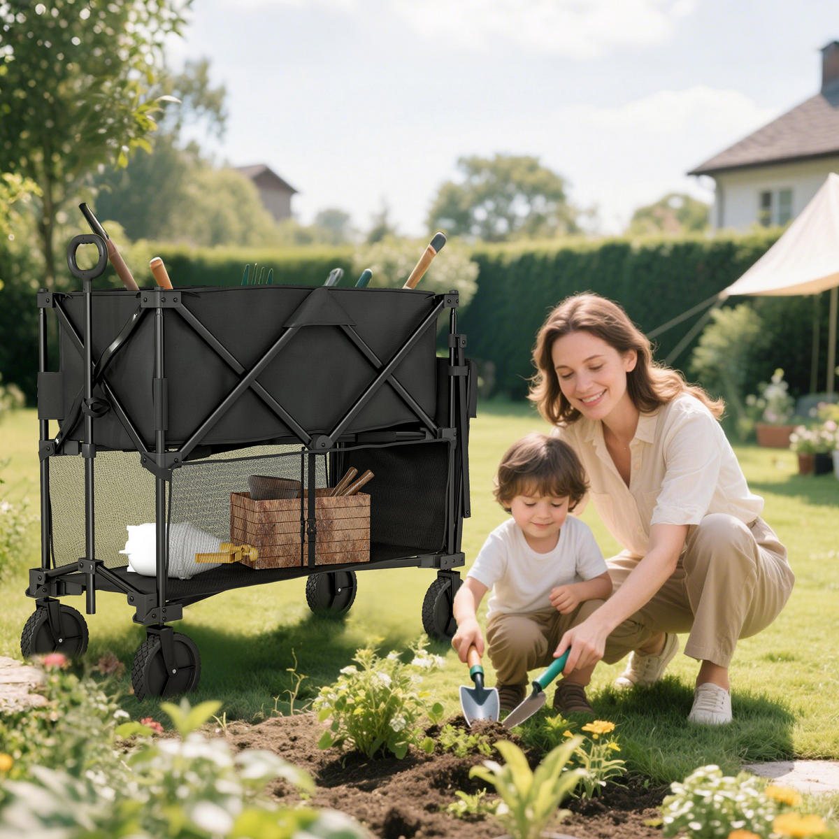 GARTENWAGEN DE-18767 2-stöckig, 350L & All-Terrain-Räder Schwarz - Schwarz, Metall (50/102/142cm) - ComfortXL
