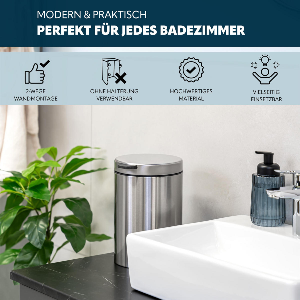 WAND-KOSMETIKEIMER 3 Liter, silber, Edelstahl - Edelstahlfarben, Metall (16/24/23cm) - bremermann