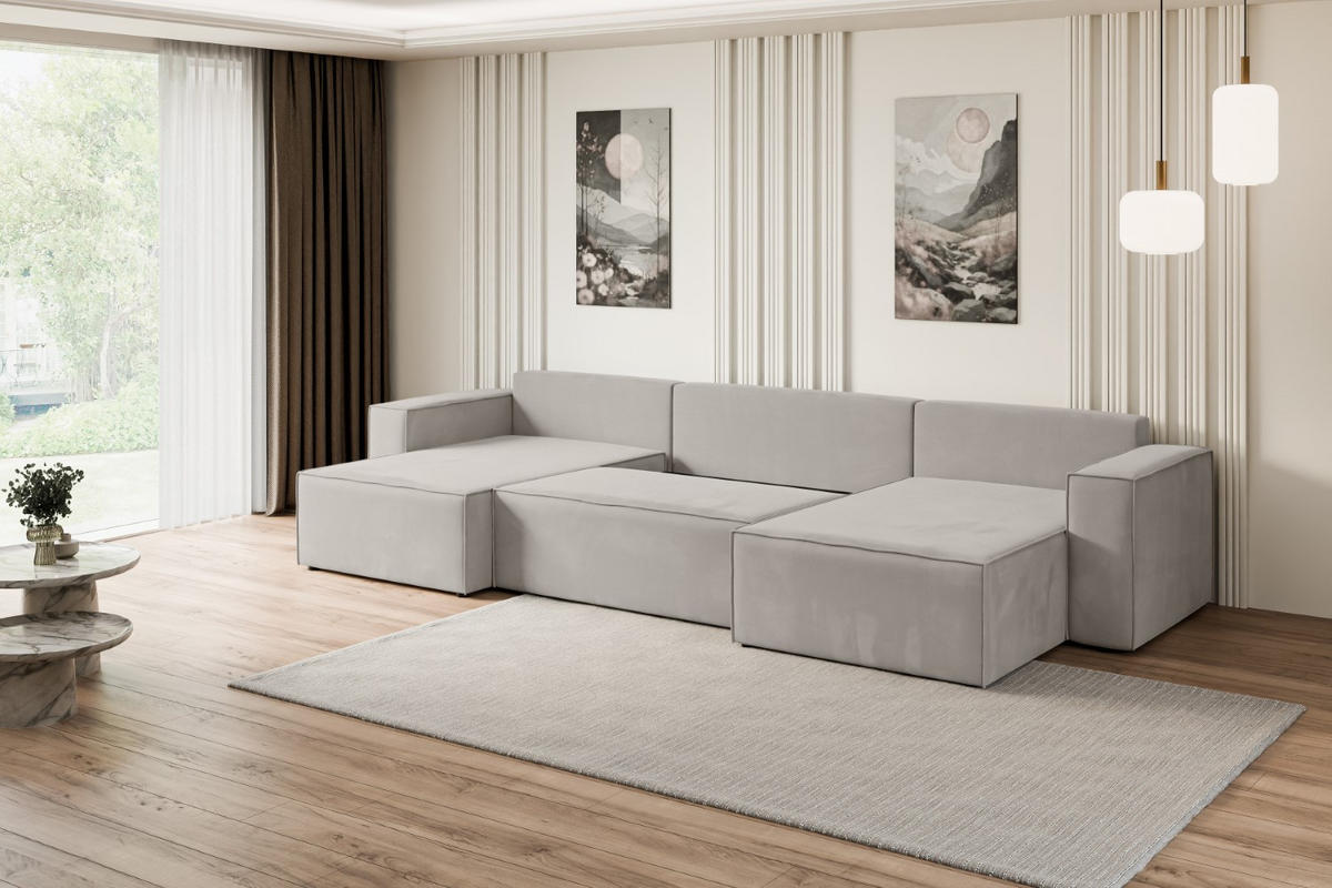 WOHNLANDSCHAFT mit Schlaffunktion und Bettkasten CELTIC-XLU - 377x143x83 cm Hellbraun Velours - Hellbraun/Schwarz, Holzwerkstoff/Kunststoff (377/83/143cm) - ALTDECOR