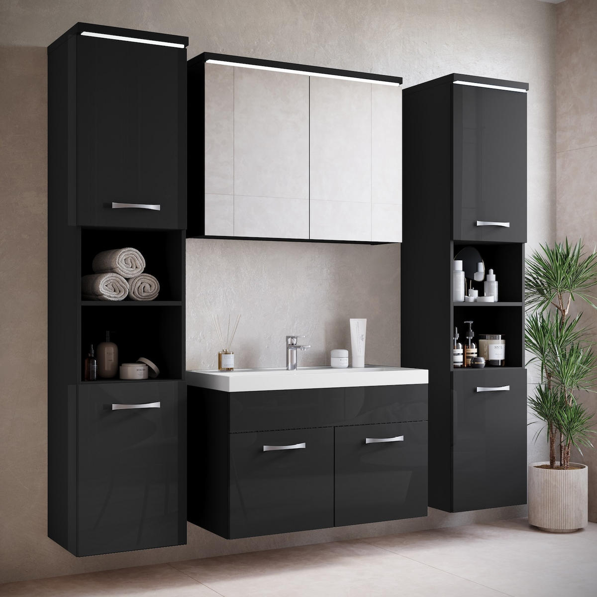 BADEZIMMERSCHRANK Paso mit 2 Türen Schwarz Hochglanz - 35 x 35 x 160 cm - Schwarz, Holz (35/160/35cm) - Badplaats