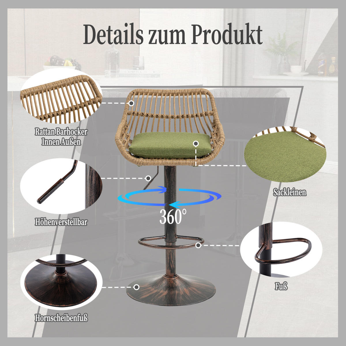 BARHOCKER 2er Set Höhenverstellbar, 360° drehbar, Fußstütze, Rattan Grün - Grün, Metall (49/109/48cm) - PARAFTA HOME