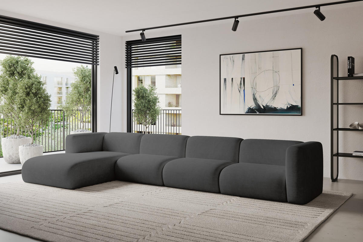 ECKSOFA Ottomane Links MIRA-L3 409x179x70 Dunkelgrau Velours - Dunkelgrau/Schwarz, Holzwerkstoff/Kunststoff (409/179cm) - ALTDECOR