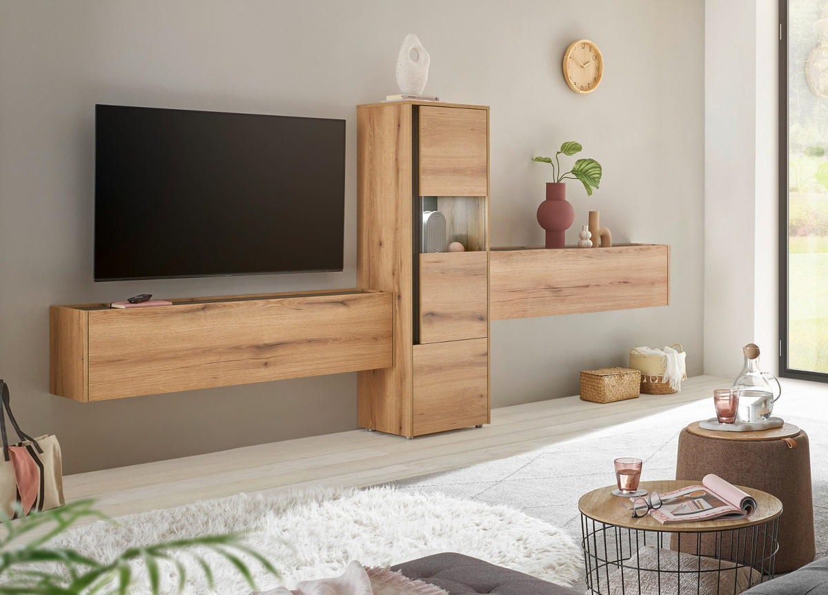 WOHNWAND Evoke Eiche, grau, Wohnkombination Set 3-teilig, 350 cm - Eichefarben/Schwarz, Glas/Holzwerkstoff (350/155/40cm) - Furn.Design