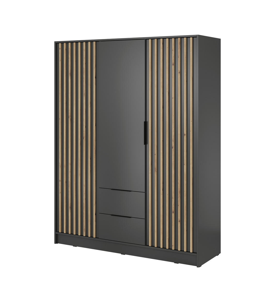 KLEIDERSCHRANK 150 cm Fioro - 3 Türen, Lamellen, Schubladen, Graphit - Graphitfarben, Holz (155/200/51cm) - Emporius