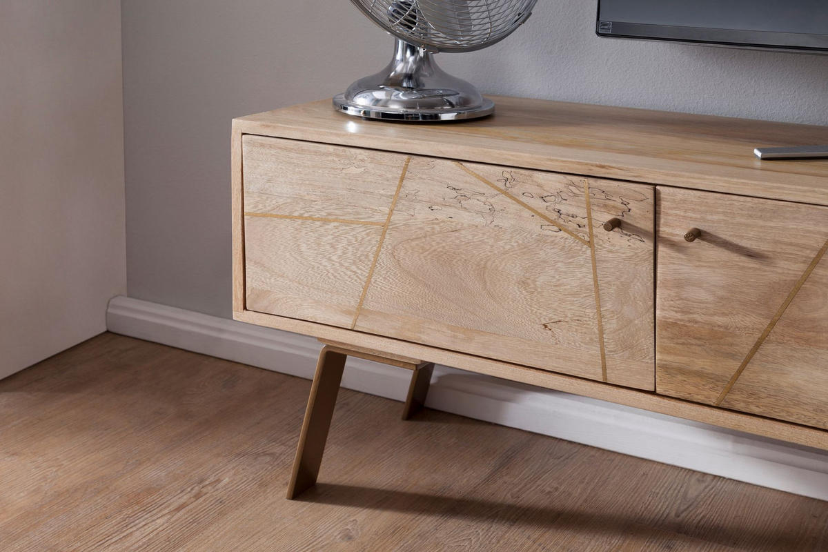 LOWBOARD Mango Massivholz Metall Landhausstil Modell Garda für Fernseher bis 55 Zoll - Goldfarben/Braun, Holz/Metall (145/47/35cm) - KADIMA DESIGN
