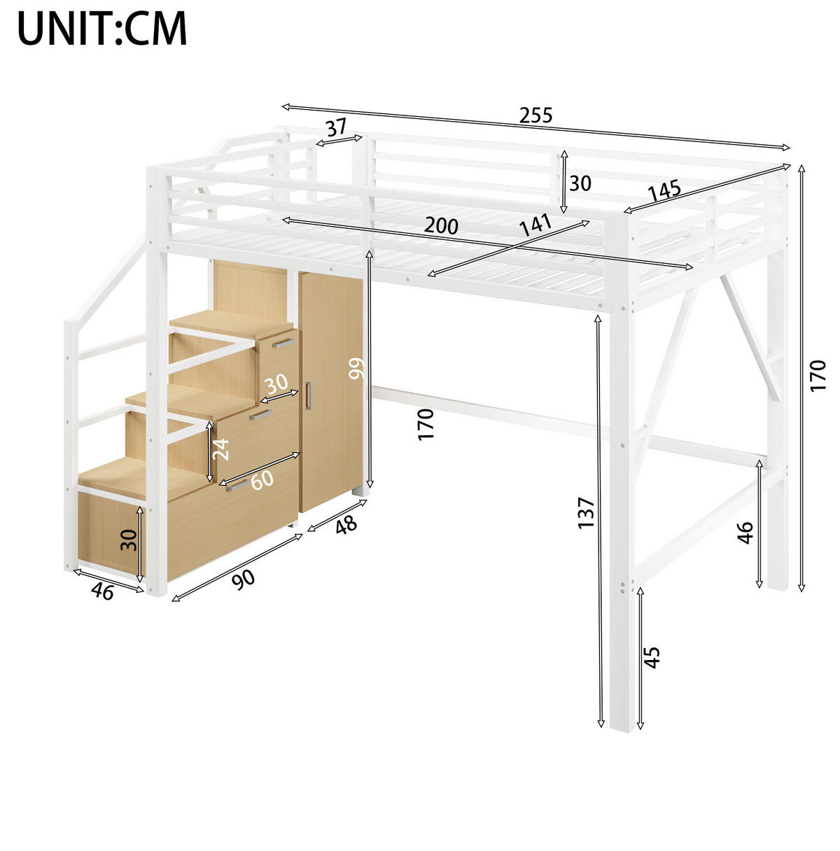 HOCHBETT 140/200 cm Weiß mit LED und Kleiderschrank - Weiß, Metall (140/200cm) - MIVRAY