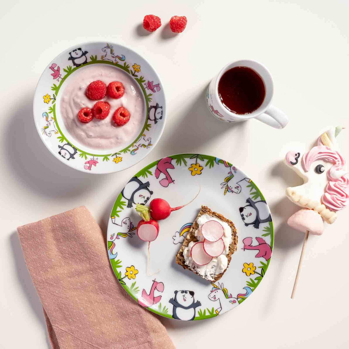 KINDERGESCHIRR SET EINHORN / PANDA / FLAMINGO Bambini bunt - Multicolor, Keramik (9.5/21.5/21.3cm) - Leonardo Living