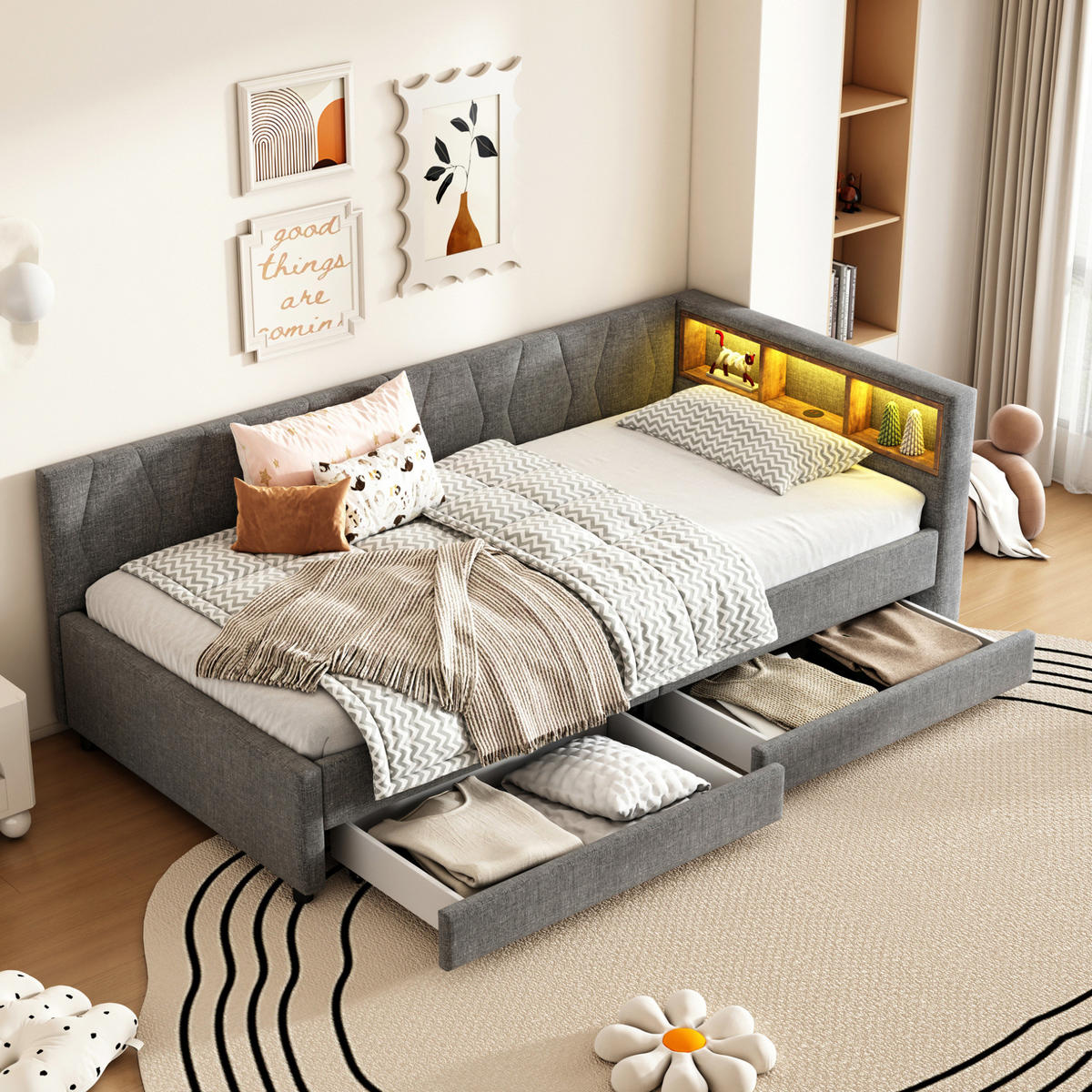 DAYBED 90/200 cm sivi od lana i MDF-a s USB priključkom, LED rasvjetom i ladicama - siva, tekstil (90/200cm) - OKWISH