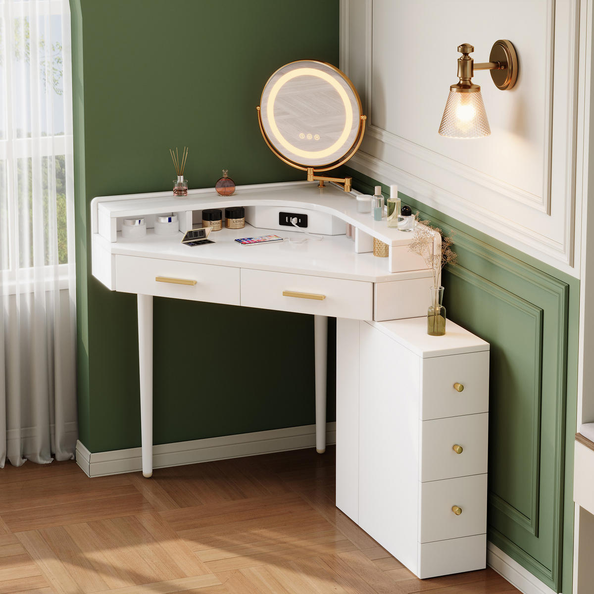 ECK-SCHMINKTISCH Weiß mit drehbarem LED-Spiegel (dimmbar), 5 Schubladen, USB & USB-C, moderner Frisiertisch, 105,5x75x120 cm - Weiß, Holz (75/120/105.5cm) - Ej. Life
