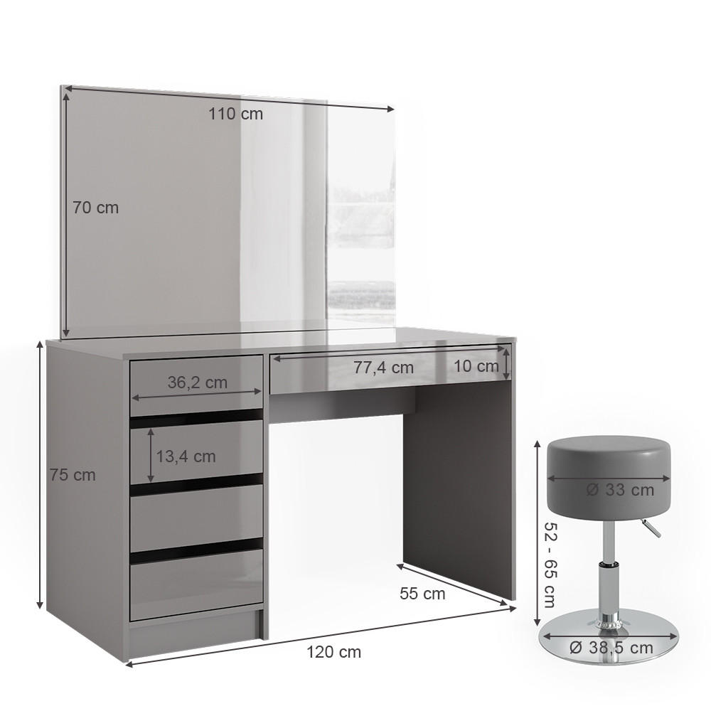 Thumbnail - Vicco Schminktisch-Set, Grau, Holzwerkstoff, 5 Fächer, 5 Schubladen, Rechteckig,Rechteckig, 120x75x55 cm, Schlafzimmer, ...