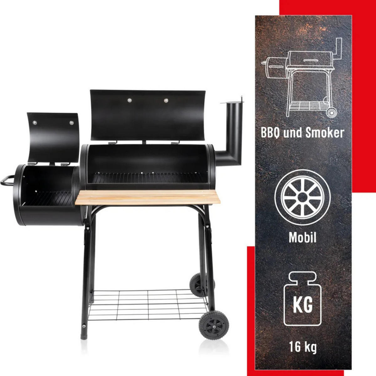 SMOKER Holzkohlegrill 2-in-1 Schwarz, 104x58x114 cm, Grillwagen, BBQ Grill, Räder, Ablagefläche, Grillstation, Outdoor Grill, Barbecue Smoker - Schwarz, Metall (104/114.5/58cm) - BBQ Collection