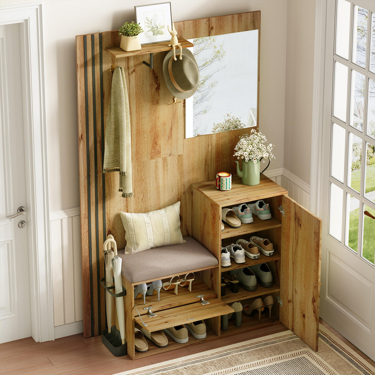 GARDEROBENSET 115x185 Kompakt Spiegel Schuhschrank Schwarz - Naturfarben, Holzwerkstoff (37/185/115cm) - FLIEKS