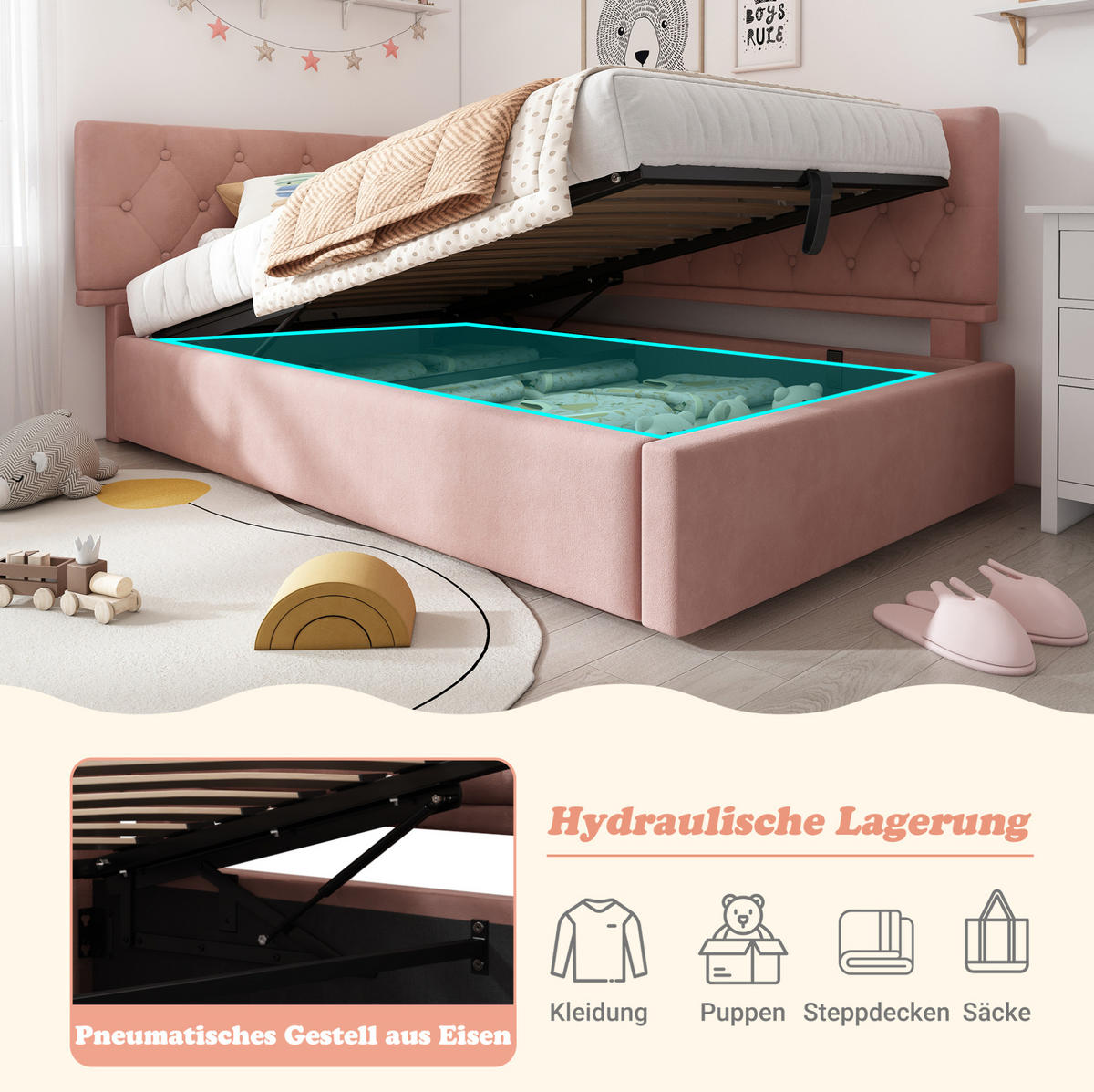 POLSTERBETT 90/200 cm Rosa aus Samt mit Stauraum - Pink, Textil (90/200cm) - OKMYHOME