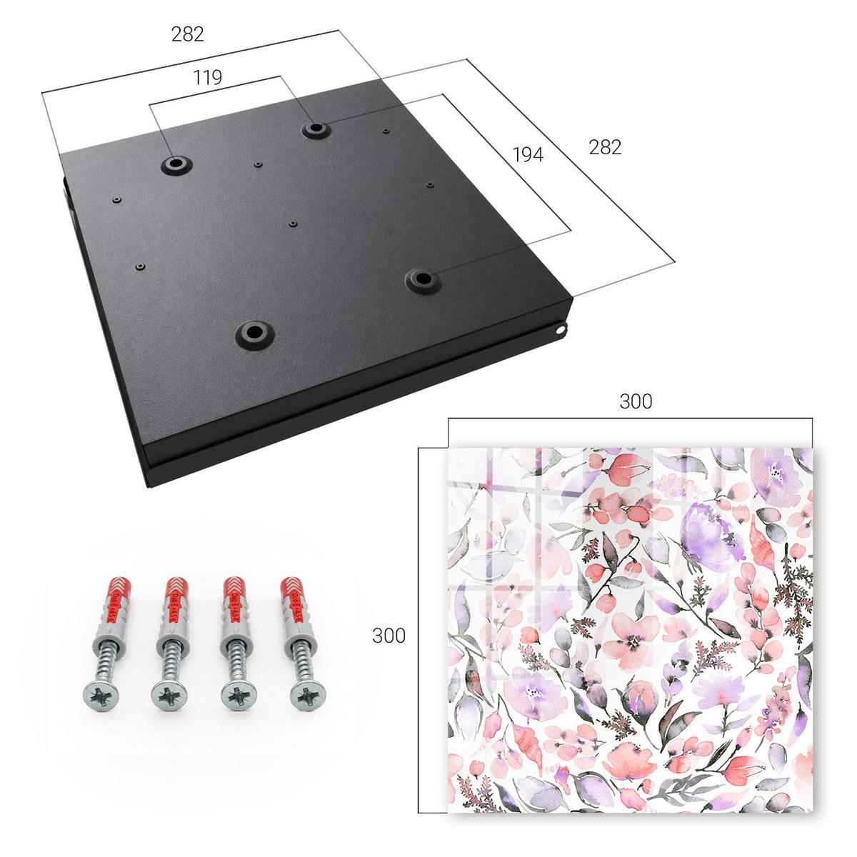 SCHLÜSSELBOX Schwarz 30x30 cm- Türöffnung nach rechts - Pastellblumen - Weiß, Metall (30/30/5cm) - TULUP