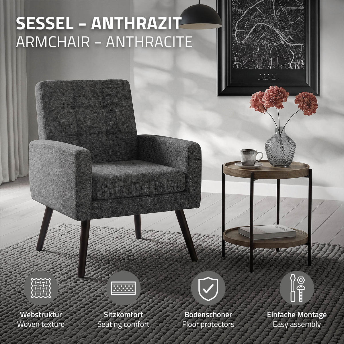 SESSEL mit Stahlbeinen und Webstruktur Relaxsessel 66,5x80x63,5 cm Anthrazit - Anthrazit/Schwarz, Textil/Metall (66.5/80/63.5cm) - ML-DESIGN