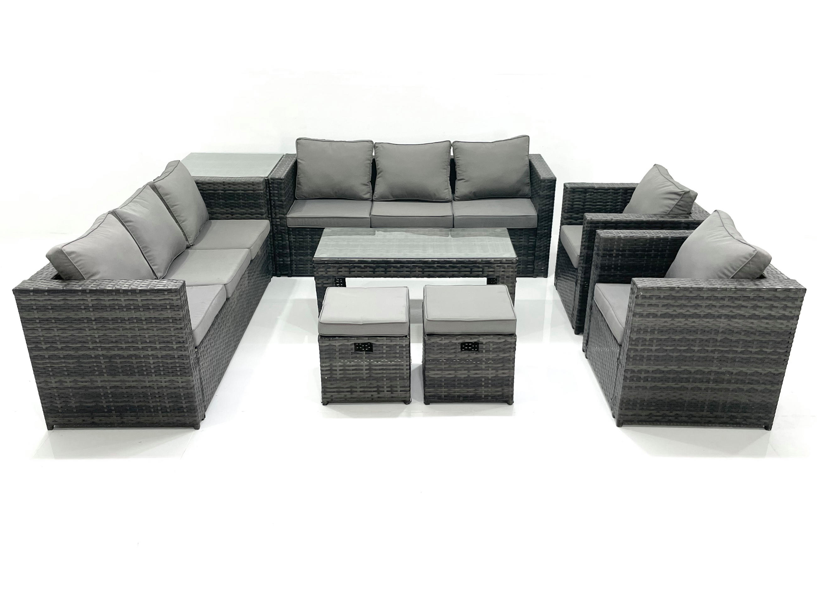 GARTENMÖBEL COUCHTISCH SET mit Sofa Polyrattan Outdoor 10-Sitzer - Dunkelgrau/Grau, Glas/Kunststoff - Fimous