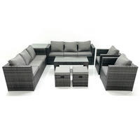 GARTENMÖBEL COUCHTISCH SET mit Sofa Polyrattan Outdoor 10-Sitzer - Dunkelgrau/Grau, Glas/Kunststoff - Fimous