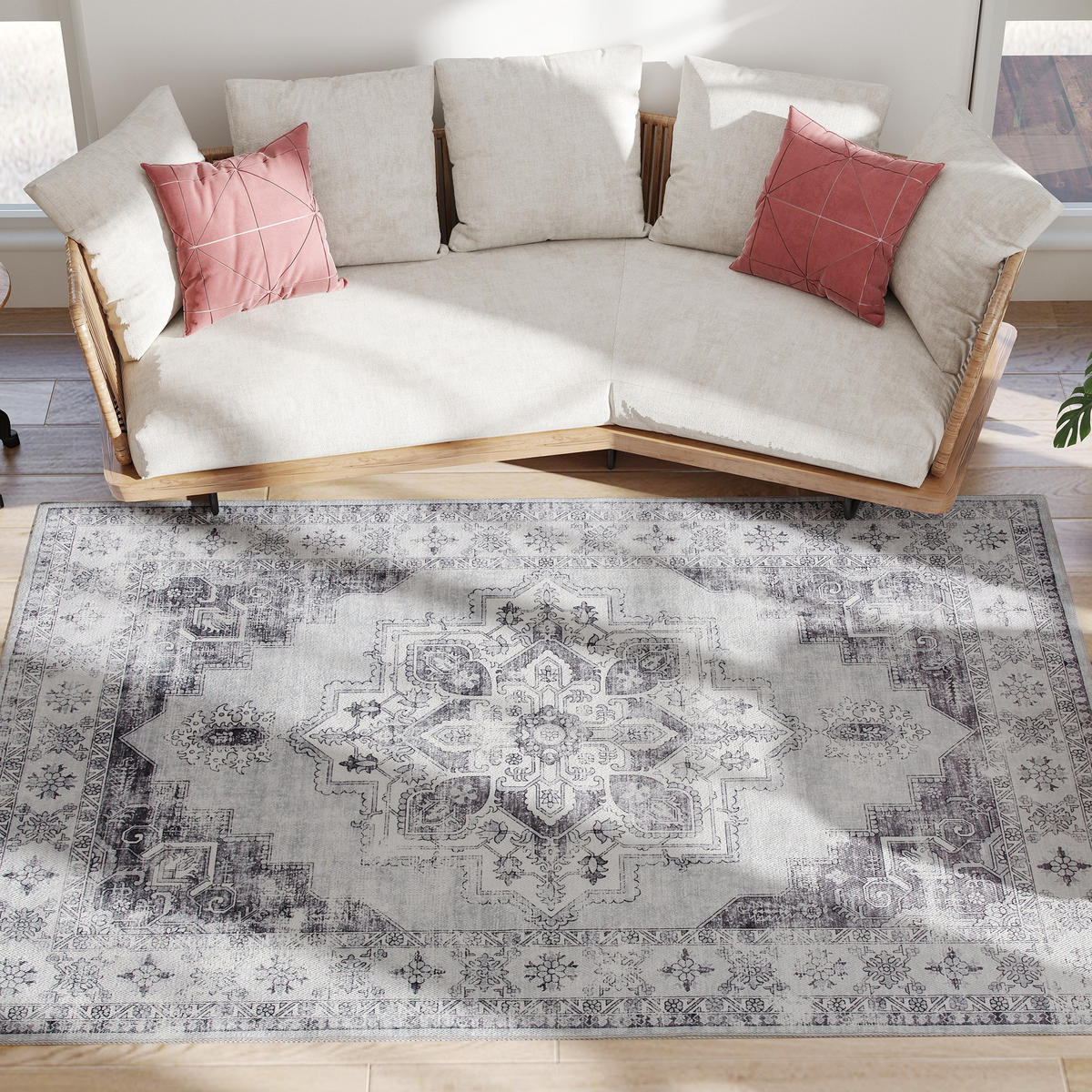 TEPPICH DE-08875 maschinenwaschbar, Anti-Rutsch, Vintage-Blumenmuster Grau - Grau, Textil (160/230cm) - ComfortXL