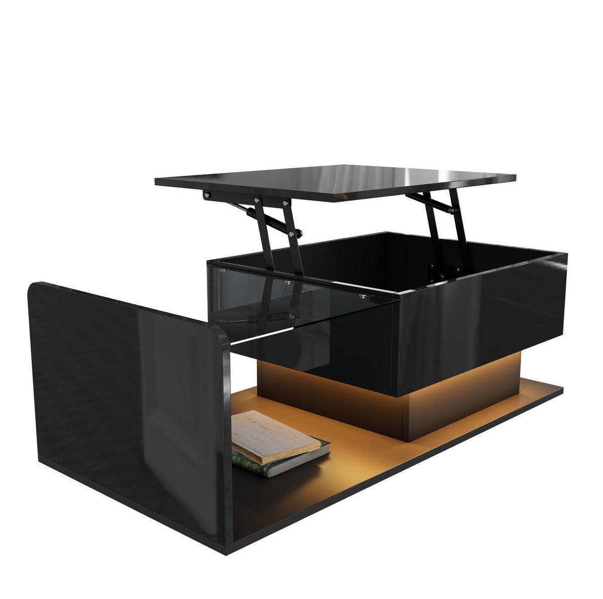 COUCHTISCH höhenverstellbar 100 x 50 cm Schwarz Hochglanz mit Glas und Stauraum - Schwarz, Holzwerkstoff (100/50/47.5cm) - Meubliv