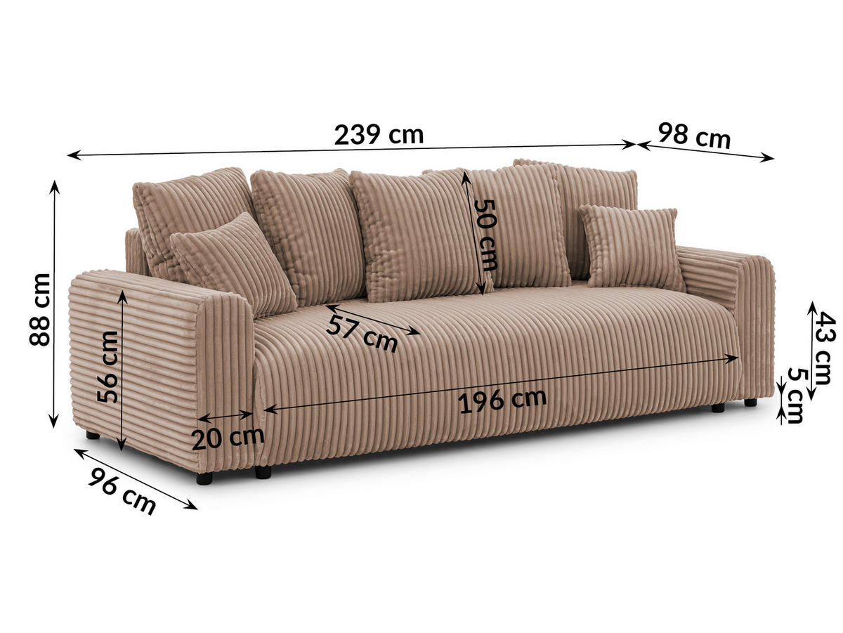 SCHLAFSOFA Calma mit Bettkasten im Bumpy-Design aus weichem Beige Plüschcord - Beige/Schwarz, Holz/Kunststoff (239/88/98cm) - S-Style