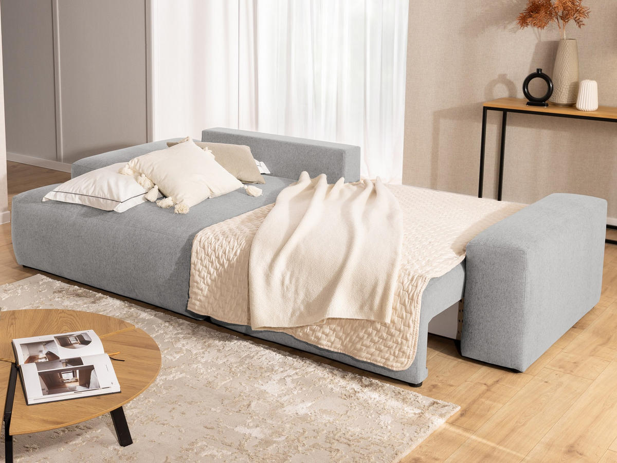 ECKSOFA Lennon aus Hellgrau Strukturstoff mit Schlaffunktion und Bettkasten - Hellgrau/Schwarz, Holz/Kunststoff (137/264cm) - S-Style