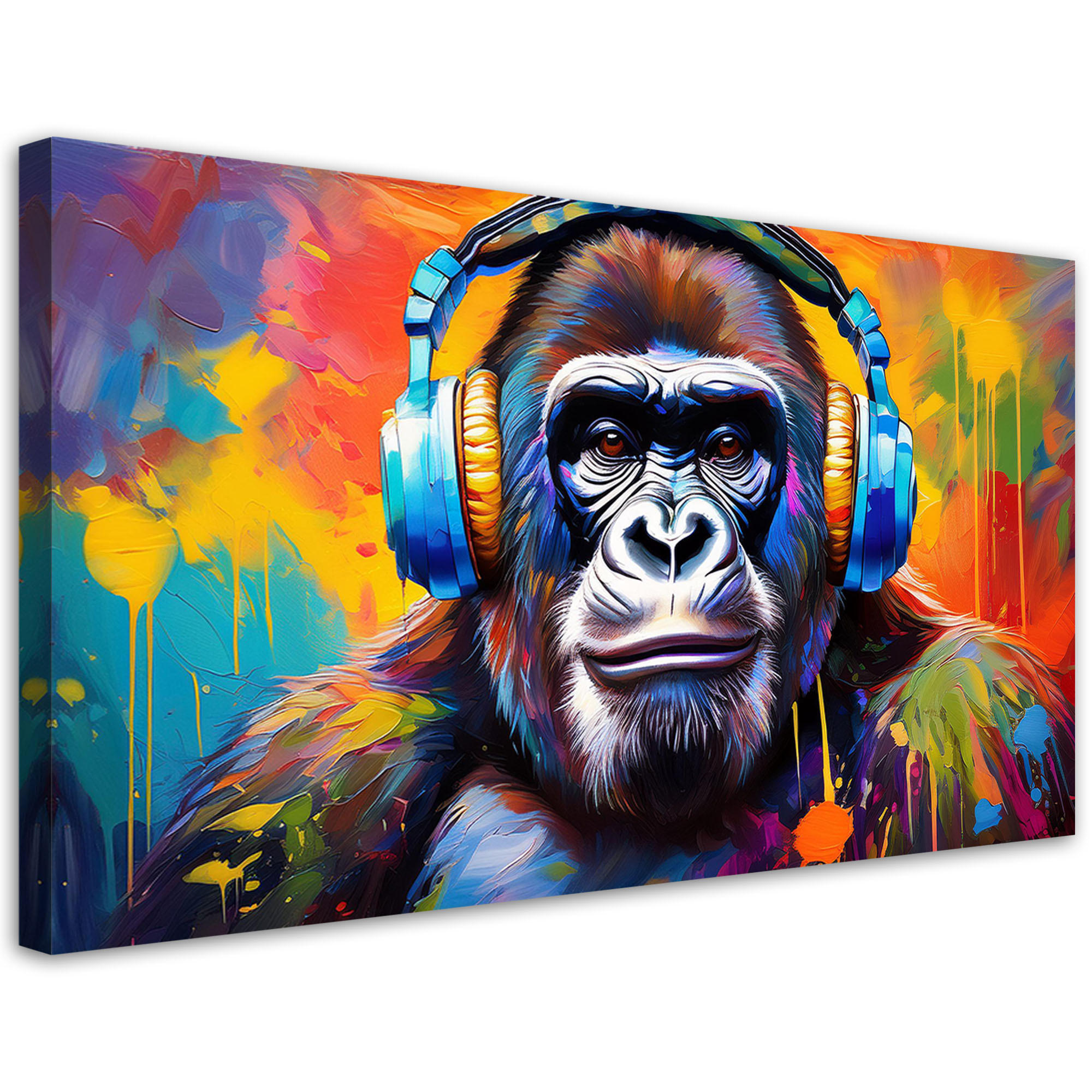 LEINWANDBILD Bunter Affe mit Kopfhörern 120x60cm - Multicolor, Textil (120/60cm) - Feeby