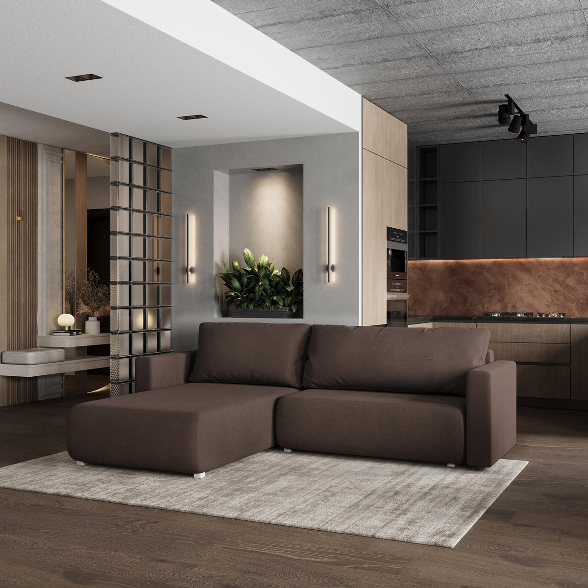 ECKSOFA TURIN Braun Geflochtener Stoff mit Schlaffunktion - Braun, Holz (265/183cm) - MASSENO