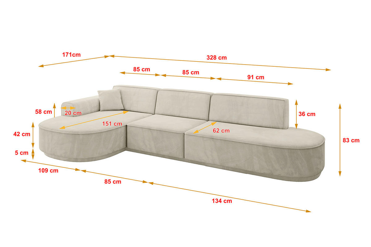 ECKSOFA Ottomane Links MARI-L2-v3 - 328x171x83 cm Ecru Velours - Ecru/Schwarz, Holzwerkstoff/Kunststoff (328/171cm) - ALTDECOR