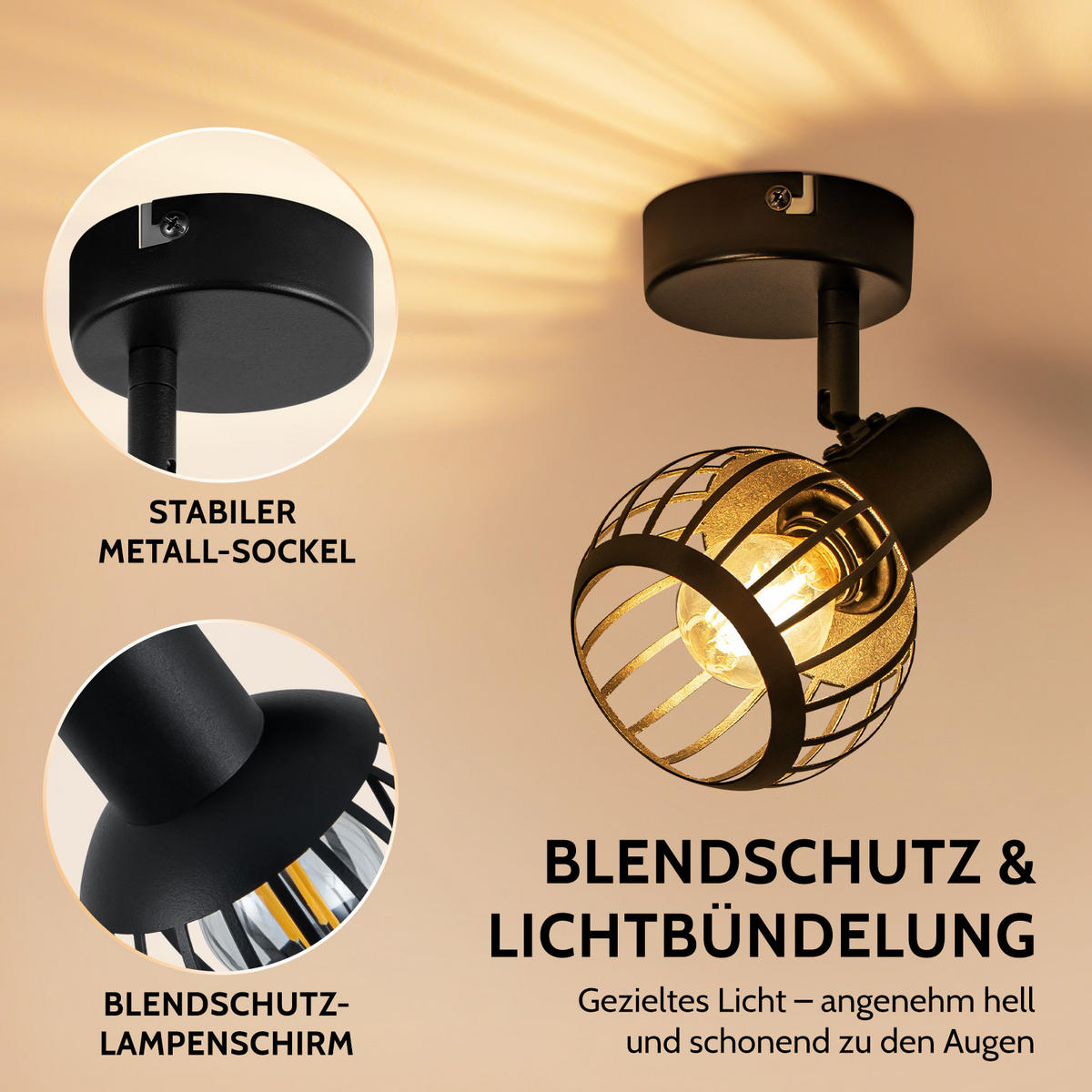 DECKENSTRAHLER Avorith 13/10/14 cm - Schwarz, Metall (13/10/14cm) - ZMH