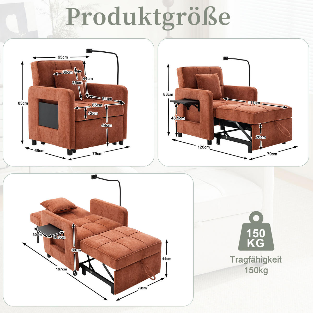 SCHLAFSESSEL 167/79/83 cm in Orange aus Chenille mit Liegefunktion und Stauraum - Orange, Textil (167/83/79cm) - BEAOK