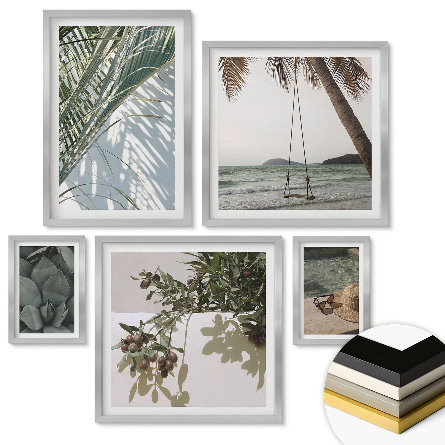 WANDBILDER 5er Set - 50x50 cm & 20x30 cm & 40x60 cm Silberner Rahmen - Tropische Pflanzen für den Urlaub - Silberfarben, Kunststoff (40/60cm) - ArtPrintCave