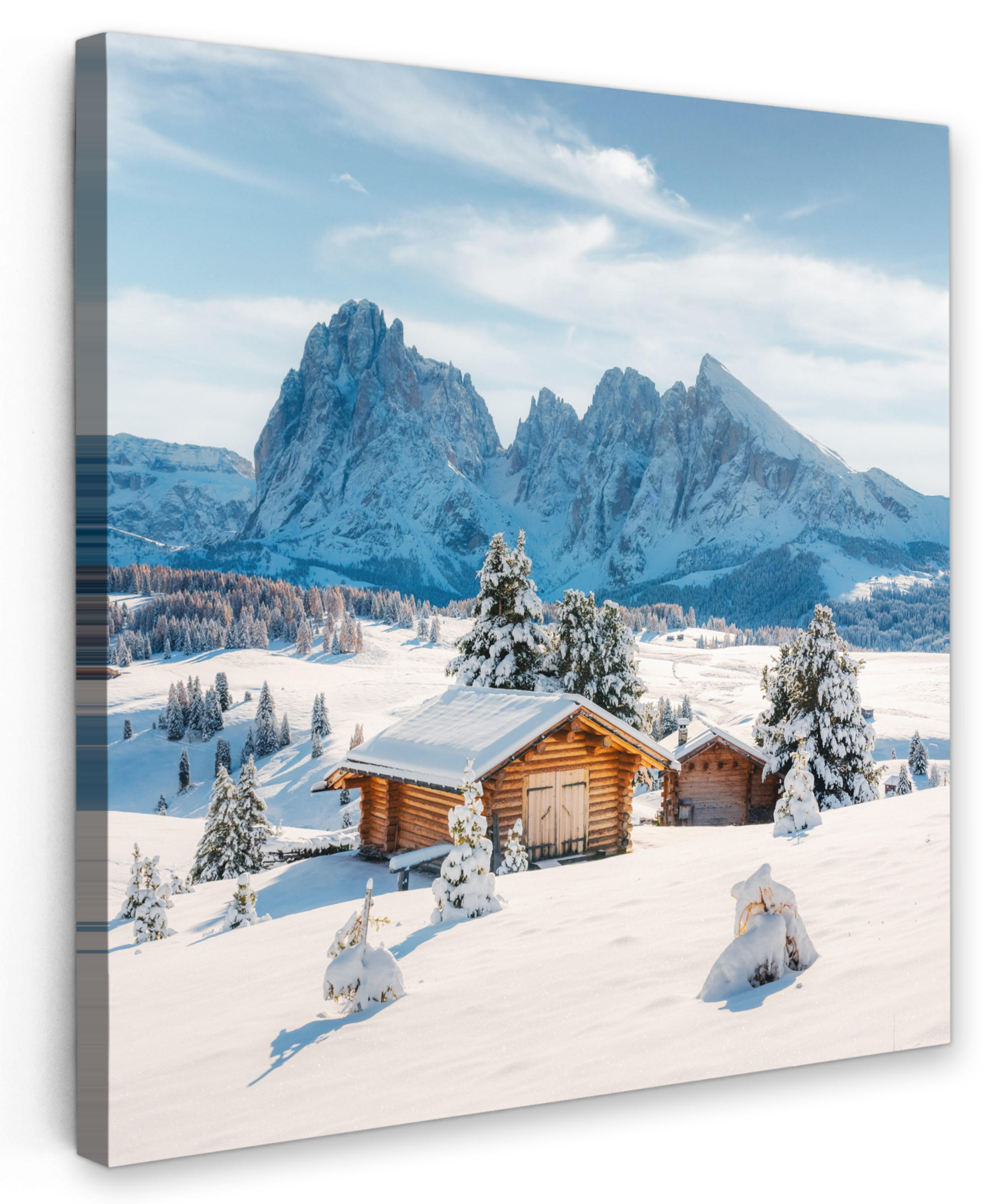 LEINWANDBILD Winter - Hütte - Berge - Aussicht - Schnee 90x90 cm - Eichefarben, Textil (90/90cm) - MuchoWow