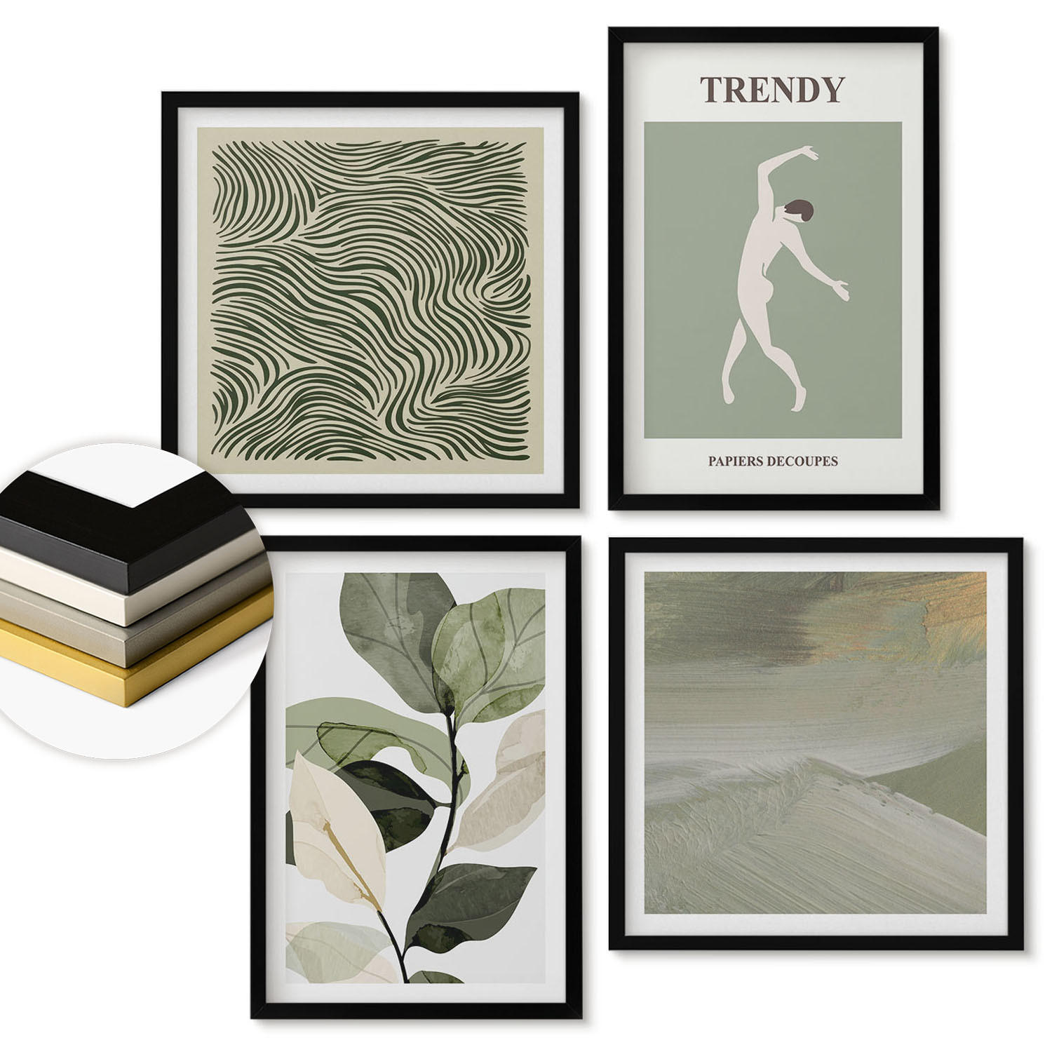 WANDBILDER 4er-Set - 50x50 cm & 40x60 cm Schwarzer Rahmen - Abstrakte Pflanzenmuster - Schwarz, Kunststoff (50/50cm) - ArtPrintCave