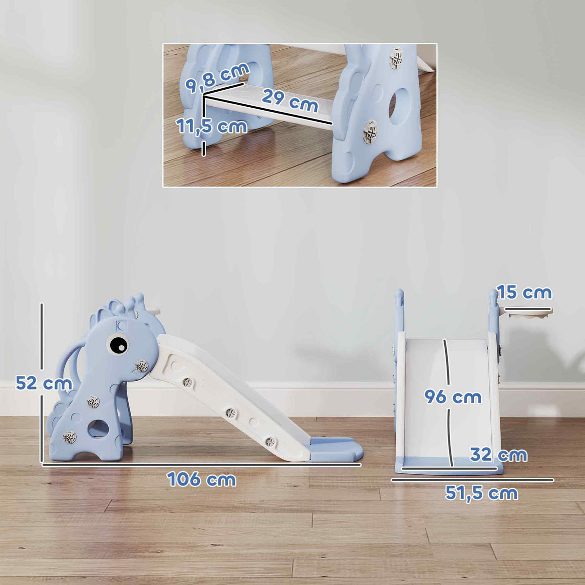 KINDERRUTSCHE, 3 in 1, Kleinkinderrutsche mit Basketballkorb, Basketball, Blau - Blau, Kunststoff (51.5/52/106cm) - AIYAPLAY