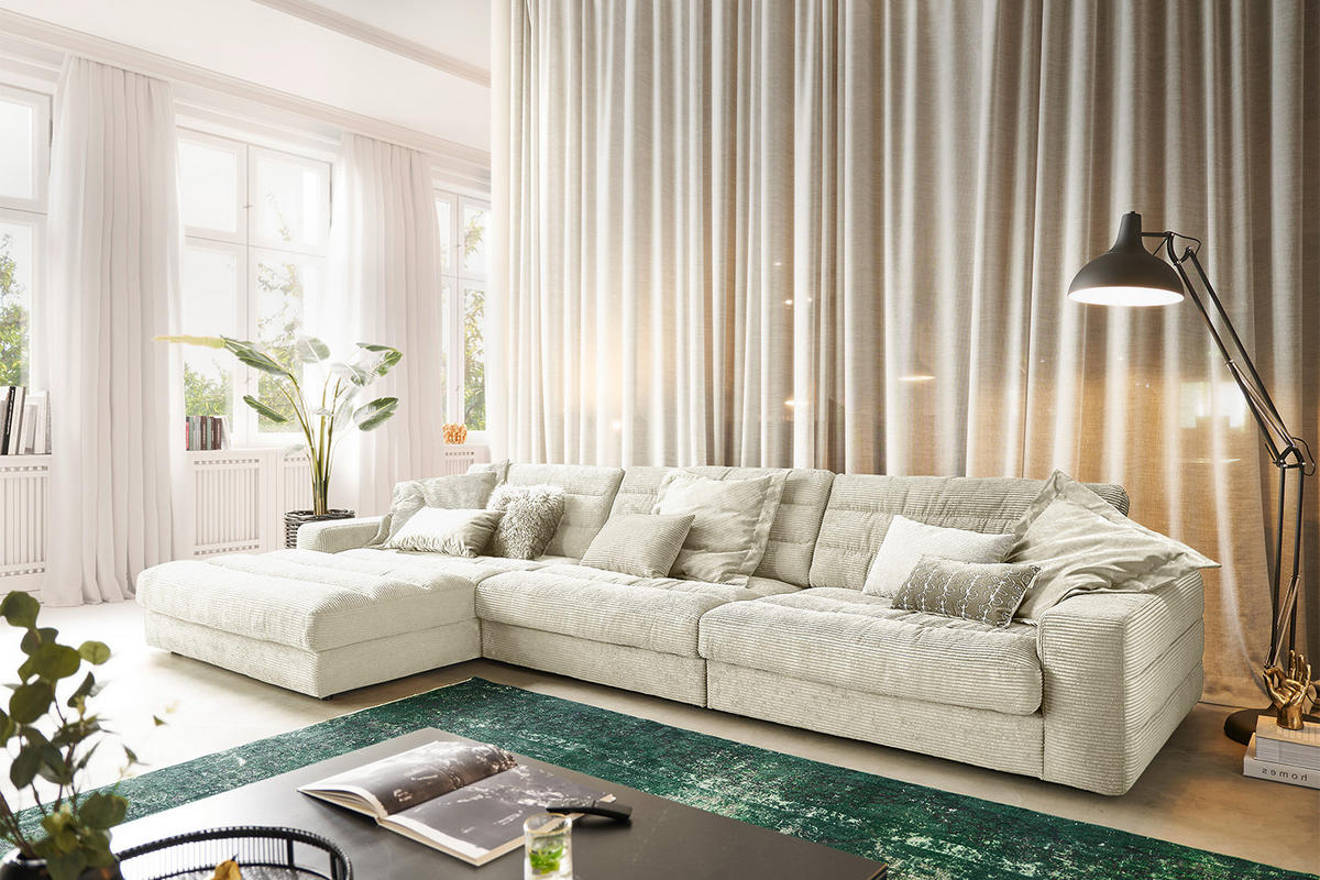 ECKSOFA XL LANA Cremeweiß Cord - Creme/Schwarz, Textil (416/205cm) - KAWOLA