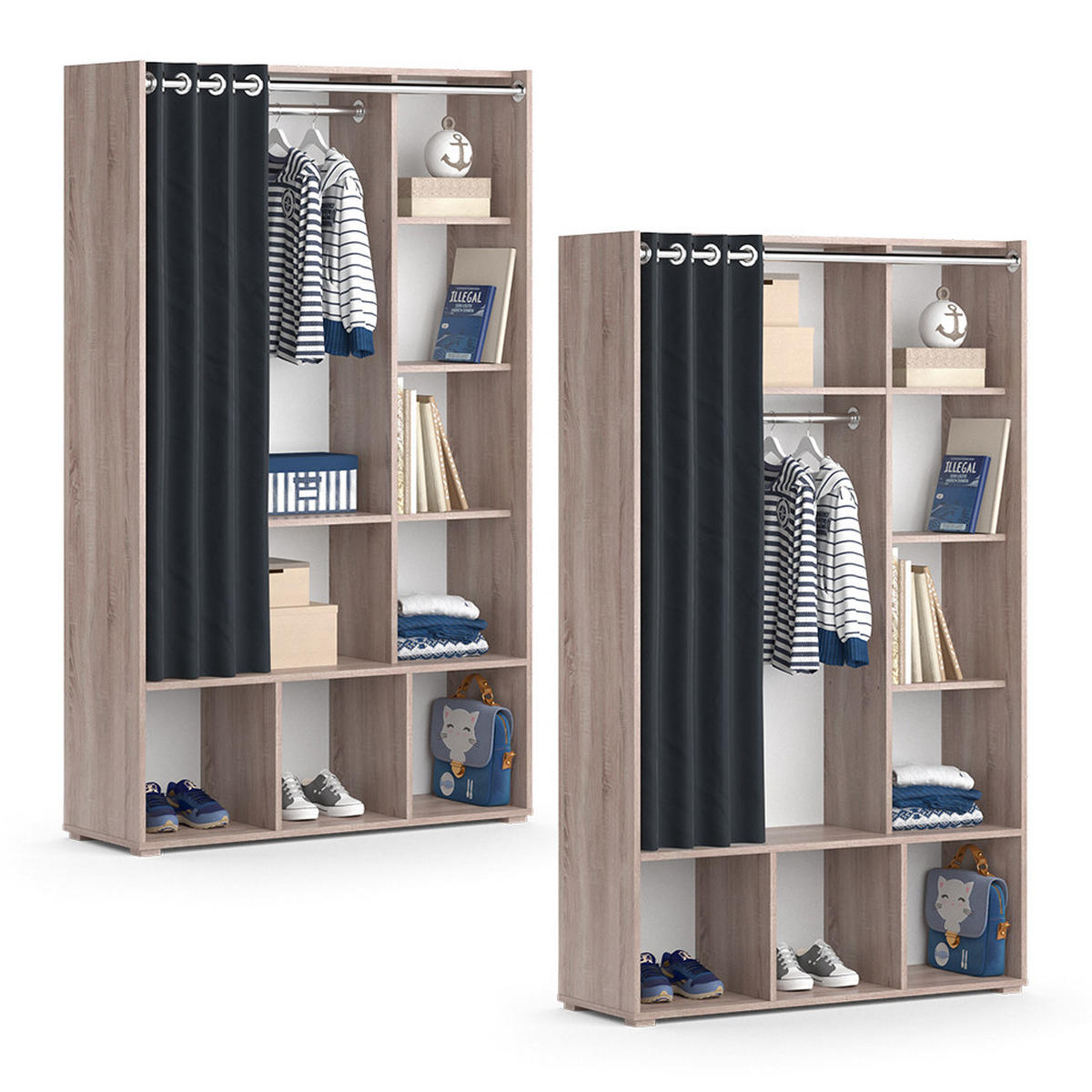 KINDERKLEIDERSCHRANK Luigi Sonoma 105.8 x 178.1 cm mit Vorhang-Kleiderstange - Sonoma Eiche, Holzwerkstoff (105.8/178.1/38cm) - Vicco
