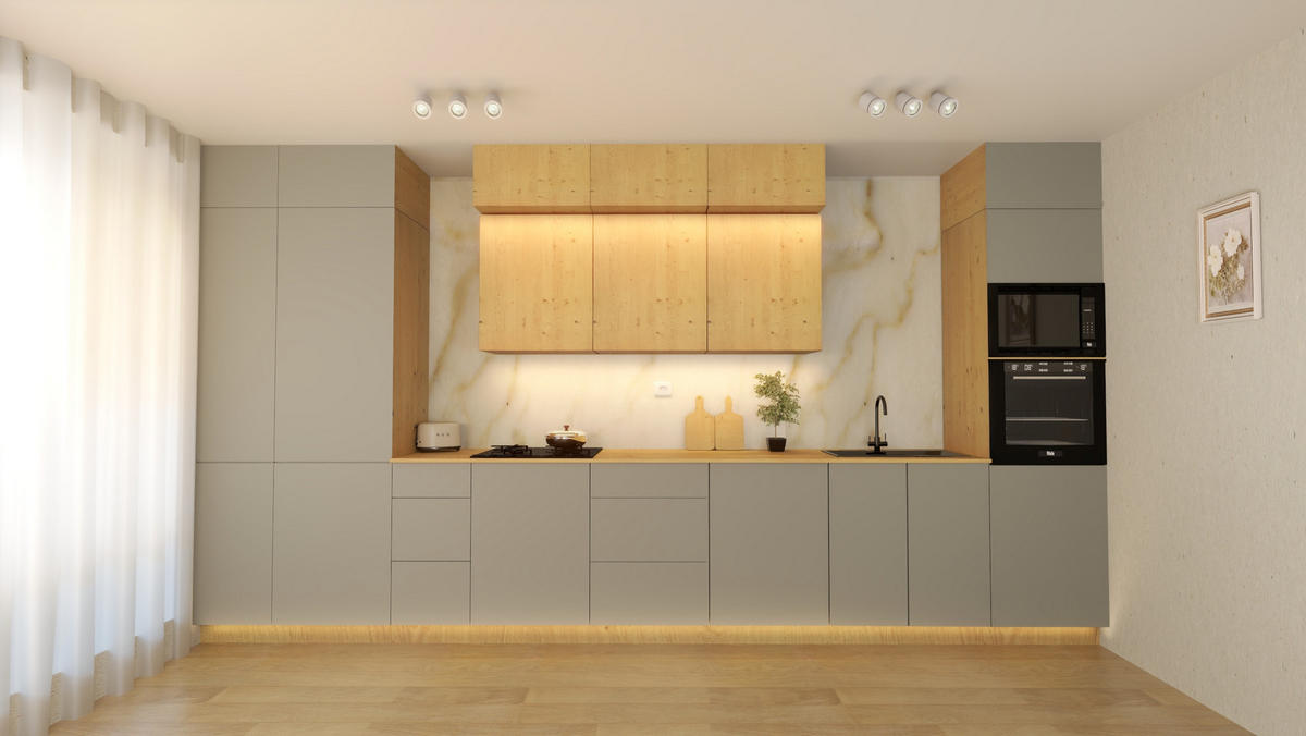 KÜCHENZEILE 460 cm - Nexa KÜ-LN-003 - in Woodline & Beige / Matt - Beige/Schwarz, Holz/Metall (460/212/58cm) - ROYAL24_MARKT