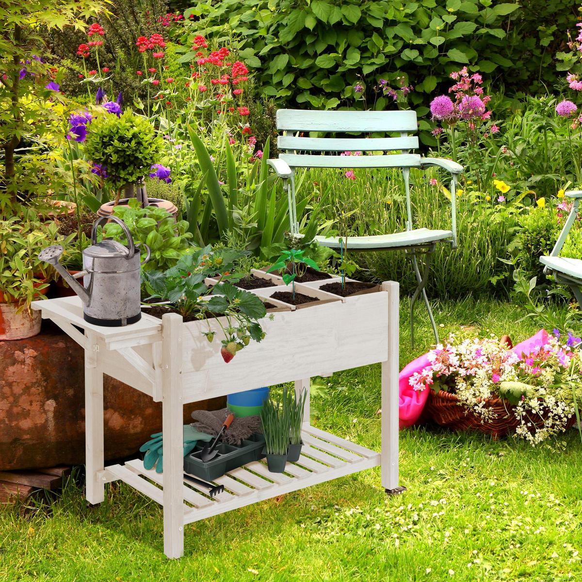 HOCHBEET DE-15989 rollbar mit klappbarem Seitentisch Naturholz - Naturfarben, Holzwerkstoff (123/87/54cm) - ComfortXL