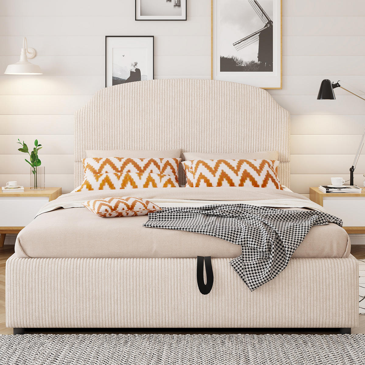 POLSTERBETT 140/200 cm Beige mit Stauraum und Hydraulik aus Streifenplüsch - Beige, Textil (140/200cm) - OKWISH