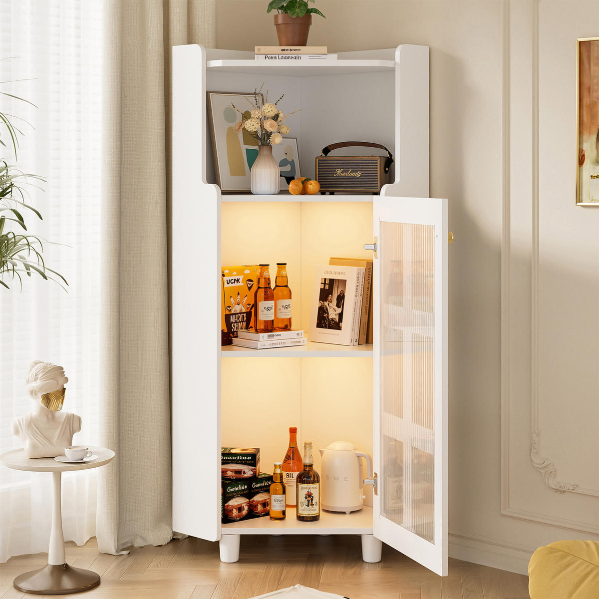 KÜCHENSCHRANK mit LED-Beleuchtung, App-Steuerung, MDF Lackiert, Wohnzimmer Bad, 63,5/124/63,5 cm - Weiß, Kunststoff (25/124/63.5cm) - Rolipo