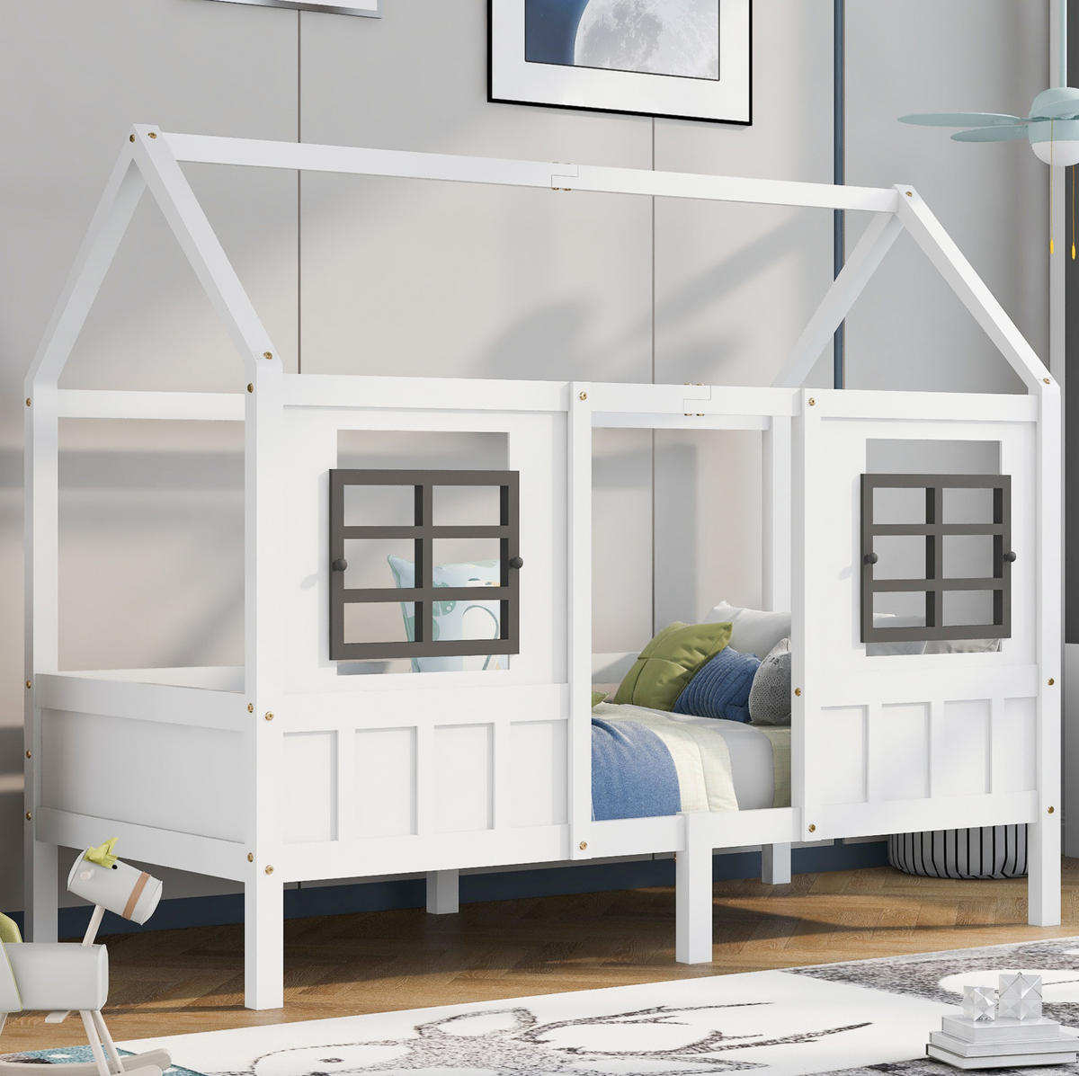 HAUSBETT aus Kiefer und MDF 200x90 cm Weiß mit 2 Fenstern und umlaufendem Fallschutz - Weiß, Holzwerkstoff (90/200cm) - Modfu