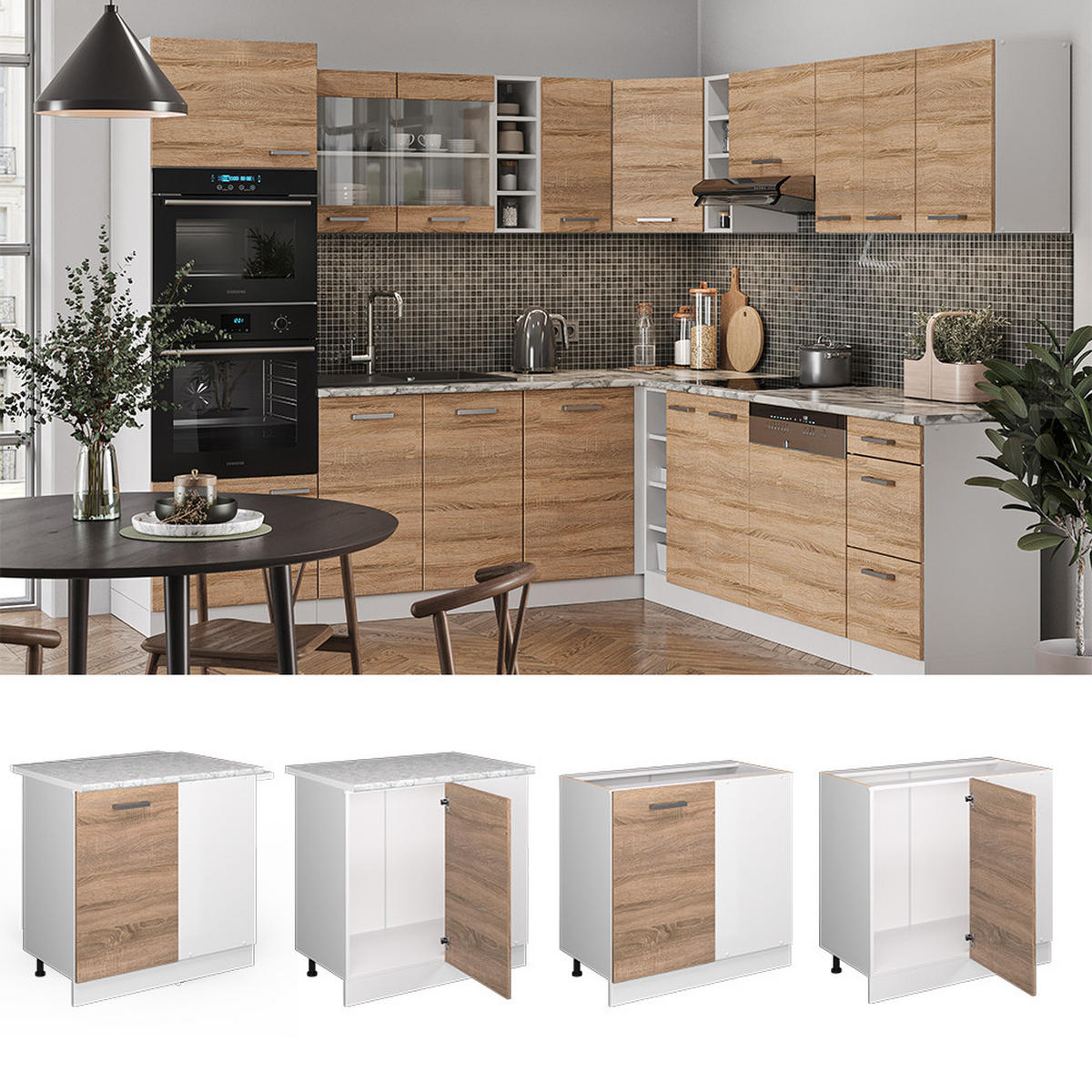 ECKUNTERSCHRANK R-Line Sonoma 86 cm ohne AP - Weiß/Sonoma Eiche, Holzwerkstoff (86/81.6/46cm) - Vicco