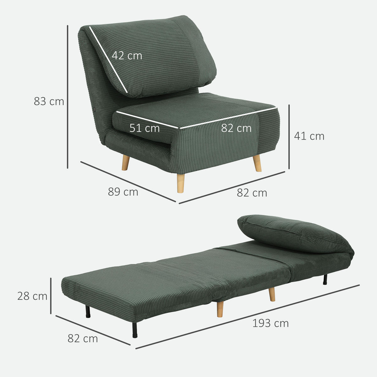 2-IN-1 Schlafsofa Schlafsessel Klappmatratze Gästebett Klappbett Grün - Naturfarben/Grün, Holz/Textil (89/83/82cm) - HOMCOM